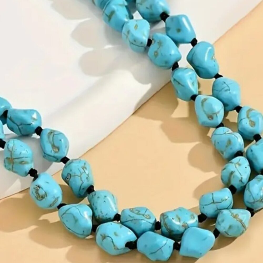 Bohemian Style Long Natural Stone Turquoise Necklace - 47.25 Inches Length - Picture 2 of 4